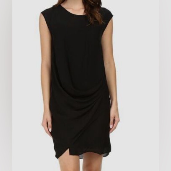 Heather 100% Silk Black Cap Sleeve Draped Shift Dress Estimated Size M